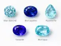Five faceted blue precious stones: blue diamond, blue sapphire, aquamarine, tanzanite, and blue topaz.