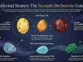 Scorpio birthstone guide featuring Topaz, Citrine, and Garnet. Also shows Opal, Aquamarine, and Malachite.