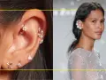 A close-up of an ear adorned with delicate gold piercings and a model showcasing elegant pearl ear cuffs, highlighting diverse earing styles.
