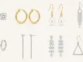 A collage showcasing various kinds of earrings: diamond studs, gold hoops, pearl drops, crystal chandeliers, silver bars, and triangle outlines.