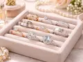 A velvet tray displays various styles of engagement rings, from classic solitaires to diamond-encrusted bands, in gold, silver, and rose gold.