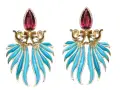 Exquisite gold earrings featuring a teardrop ruby and vibrant blue enamel, reminiscent of the rich colors found in brazilian stones.