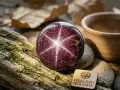 A star garnet from Idaho, a deep red sphere with a six-rayed star, rests on mossy wood.
