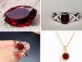 A loose faceted gemstone and three pieces of jewelry, all showcasing deep garnet colors.