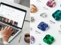 A split image shows a laptop with a jewelry appraisal website and a collection of colorful gemstones with prices, hinting at what is the cheapest gemstone.