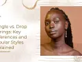 A woman models geometric drop earrings, showcasing how these elegant pieces hang below the earlobe.