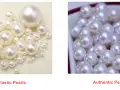 Left: plastic pearls with visible holes. Right: authentic pearls with subtle luster. See how to tell real pearls from fake.