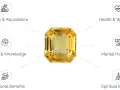 A radiant yellow pukhraj stone is depicted, surrounded by icons representing prosperity, health, wisdom, marital happiness, professional benefits, and spiritual influence.