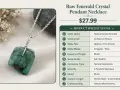 A raw emerald pendant necklace, the May 8 birthstone, features a natural green emerald on a silver chain.