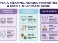 Infographic detailing the spiritual meaning of pearls: purity, wisdom, emotional balance, healing properties, and uses in adornment and meditation.