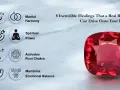 A vibrant ruby, symbolizing passion and protection, is shown alongside icons representing wealth, harmony, focus, spiritual power, confidence, root chakra activation, and emotional balance.