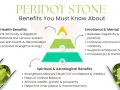 Peridot stone meaning: infographic detailing health, emotional, mental, and spiritual benefits of peridot, with images of the gemstone.