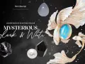 Mysterious black and white gemstone collection, featuring a pearl, obsidian, and a pear-shaped chalcedony.