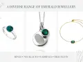 A silver ring, a fingerprint pendant necklace, and a gold bracelet, all featuring a vibrant emerald birthstone.
