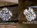 Side-by-side comparison of a cushion cut diamond and a radiant cut diamond, showcasing their distinct facets and brilliance.