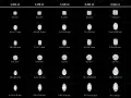 Diamond sizes from 0.50 ct to 3.00 ct, showing various cuts and their mm dimensions. A 1 carat diamond can range in size depending on the cut.