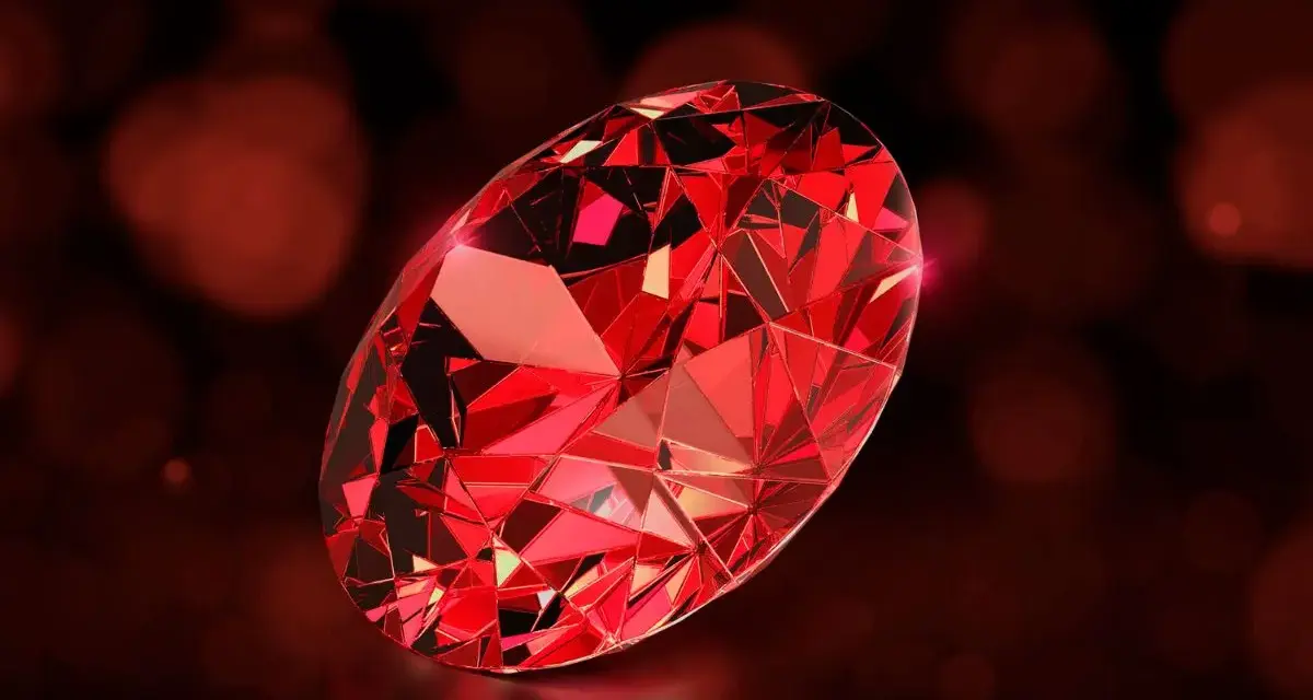 A brilliant, faceted ruby, the july birth color, glows with deep red fire against a dark, bokeh background.