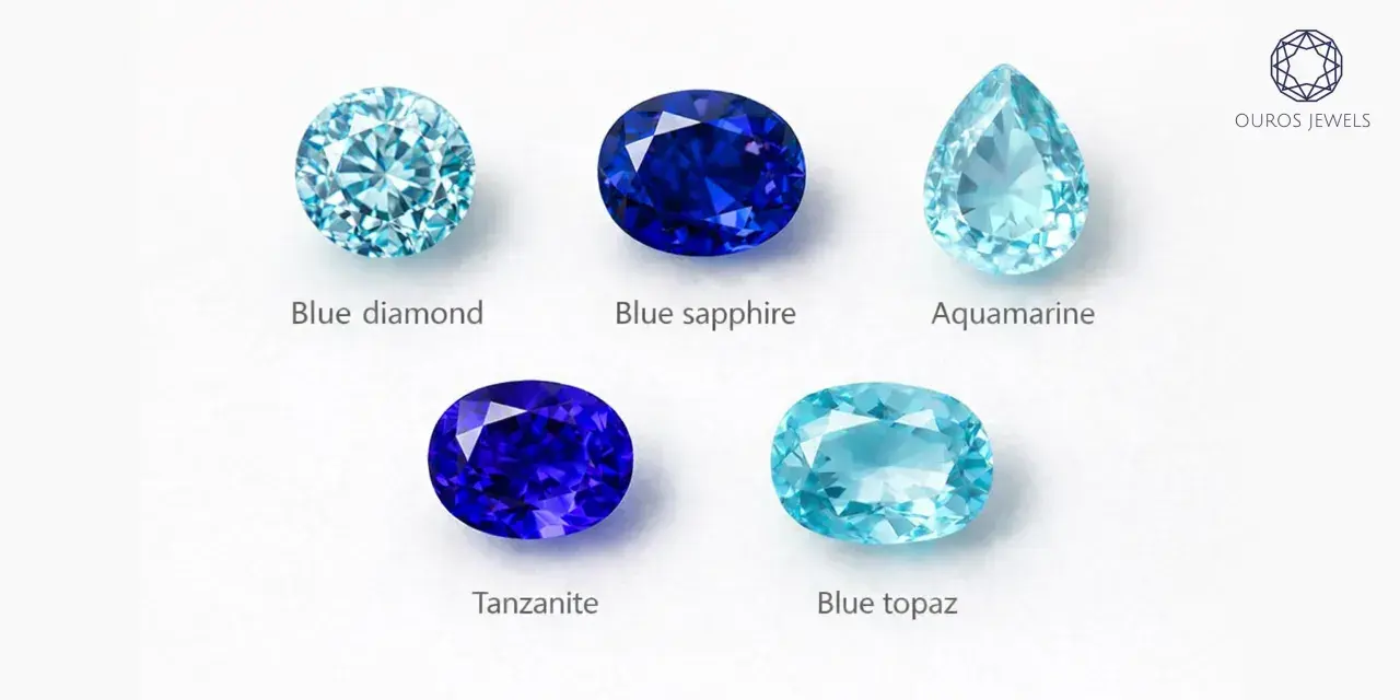 Five faceted blue precious stones: blue diamond, blue sapphire, aquamarine, tanzanite, and blue topaz.