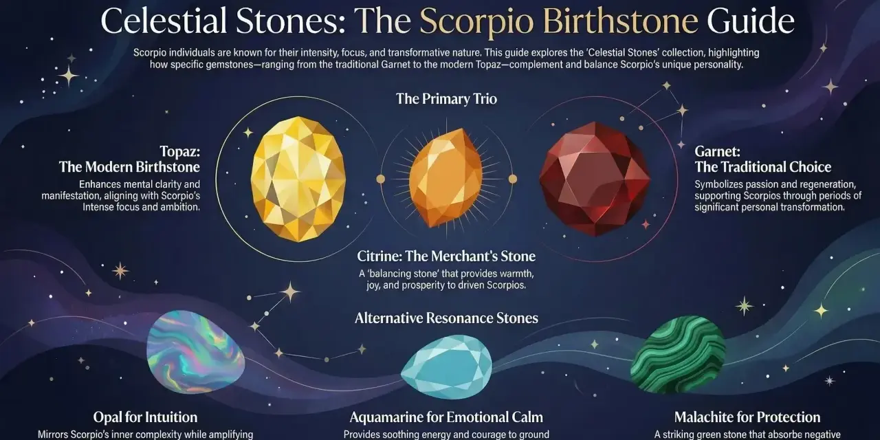 Scorpio birthstone guide featuring Topaz, Citrine, and Garnet. Also shows Opal, Aquamarine, and Malachite.