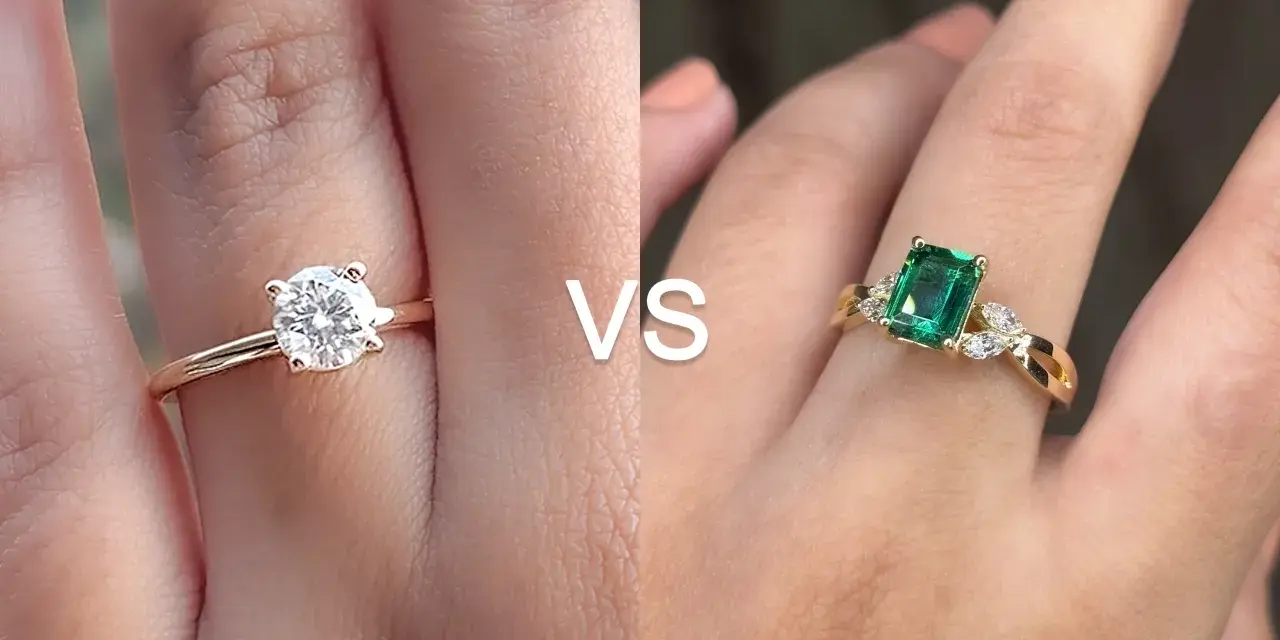 A classic solitaire engagement ring meaning is timeless love. This image shows a diamond solitaire vs. an emerald ring.