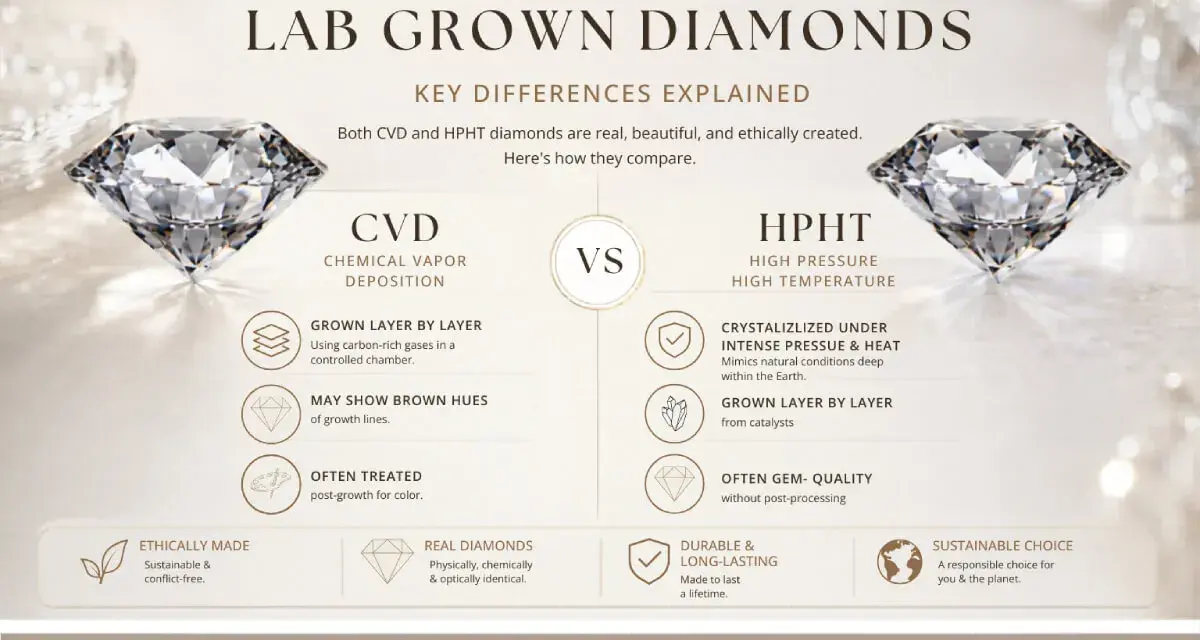 Learn how diamonds are grown in a lab using CVD (chemical vapor deposition) with carbon-rich gases or HPHT (high pressure, high temperature) mimicking Earth's conditions.