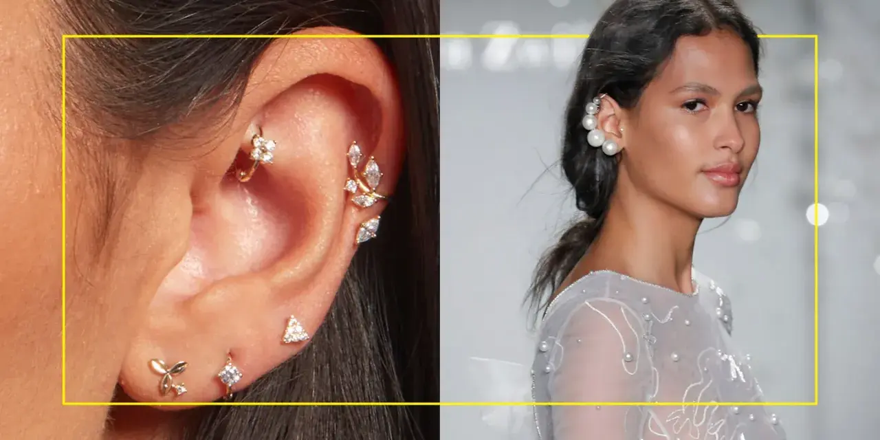 A close-up of an ear adorned with delicate gold piercings and a model showcasing elegant pearl ear cuffs, highlighting diverse earing styles.