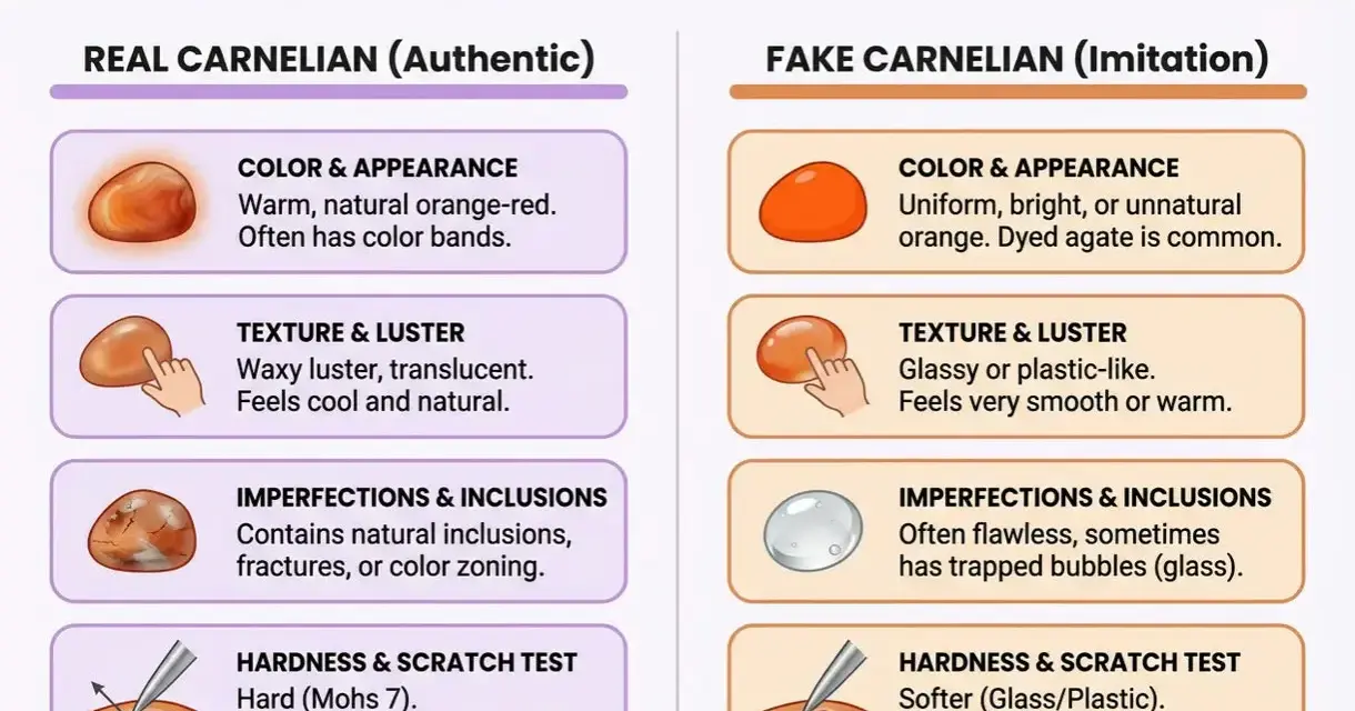 Guide to identifying natural carnelian vs. imitation. Authentic carnelian has warm, banded colors and natural inclusions.