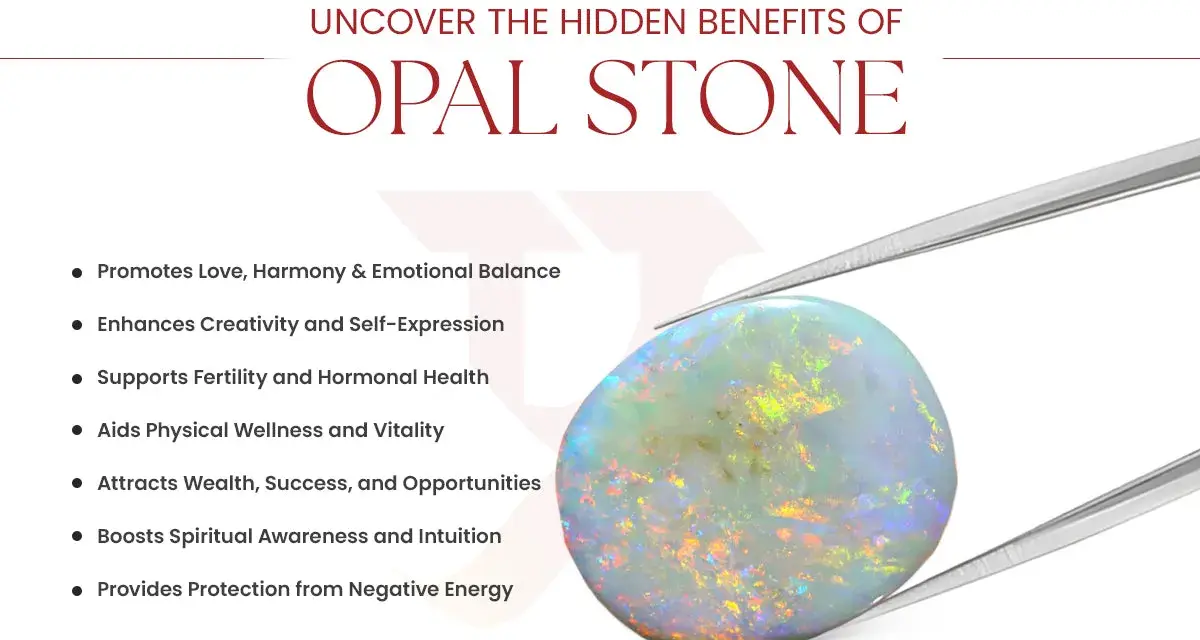 Opal stone held by tweezers, showcasing its iridescent colors. Discover its opal spiritual meaning: boosting intuition, awareness, and protection.