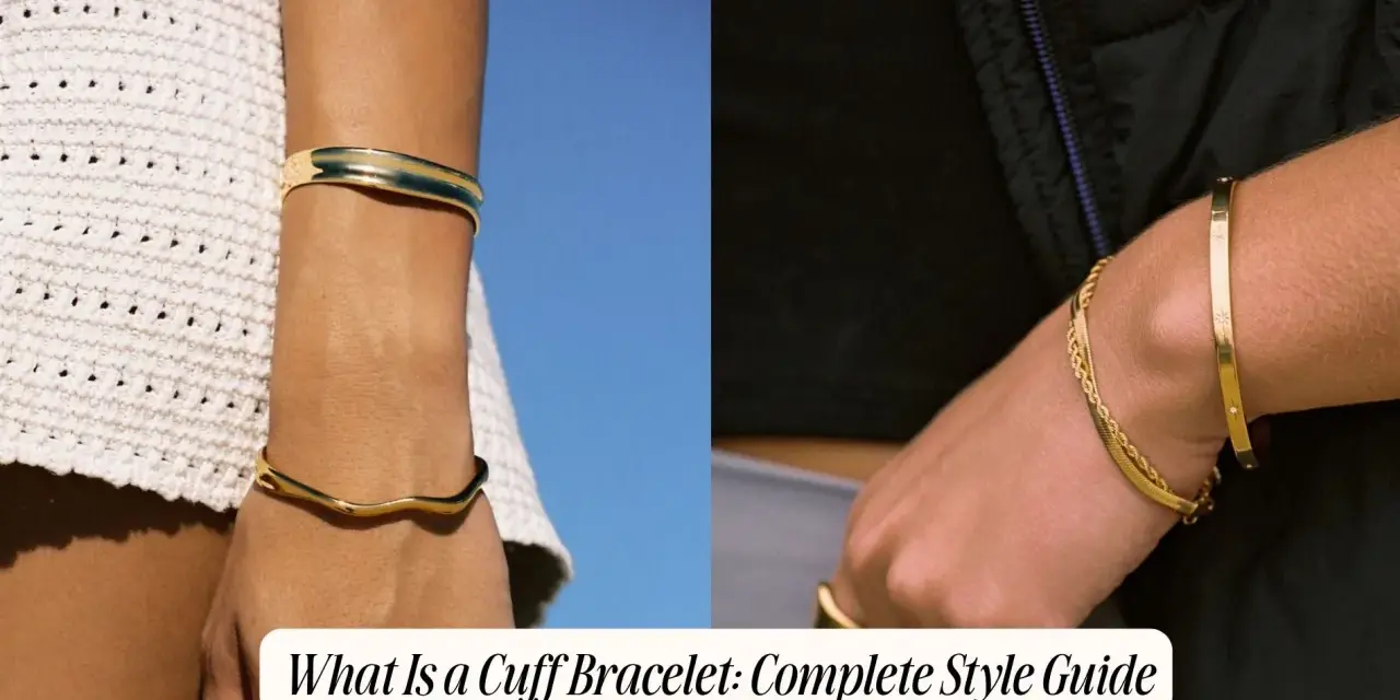 Two wrists adorned with gold jewelry. The left shows a wavy cuff bracelet against a white textured garment and blue sky. The right displays a thin cuff bracelet with star details and a layered chain bracelet.