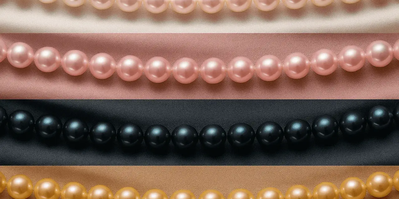 Rows of pearl color beads: cream, pink, black, and gold, draped on satin fabric.
