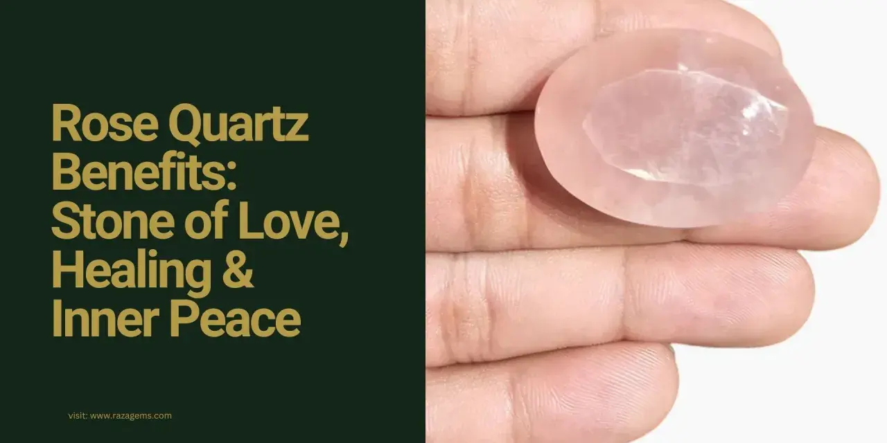 A hand holds a polished rose quartz stone, showcasing its soft pink hue and faceted surface. Discover the rose quartz benefits for love, healing, and inner peace.