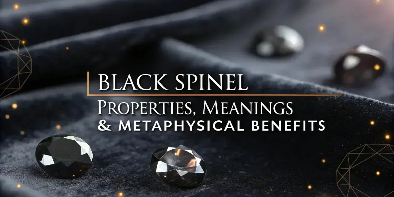 Black spinel gems on dark fabric, with text "BLACK SPINEL PROPERTIES, MEANINGS & METAPHYSICAL BENEFITS." Discover the black spinel meaning.