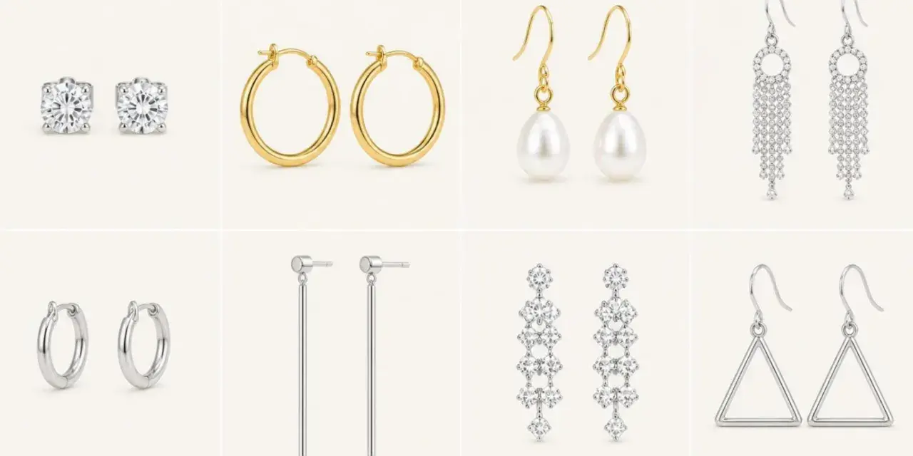 A collage showcasing various kinds of earrings: diamond studs, gold hoops, pearl drops, crystal chandeliers, silver bars, and triangle outlines.