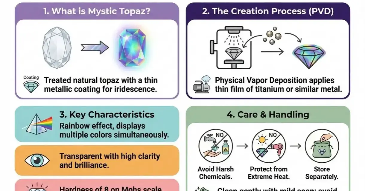 Mystic Topaz is natural topaz coated for iridescence, created via PVD. It has a rainbow effect, high clarity, and Mohs hardness of 8.