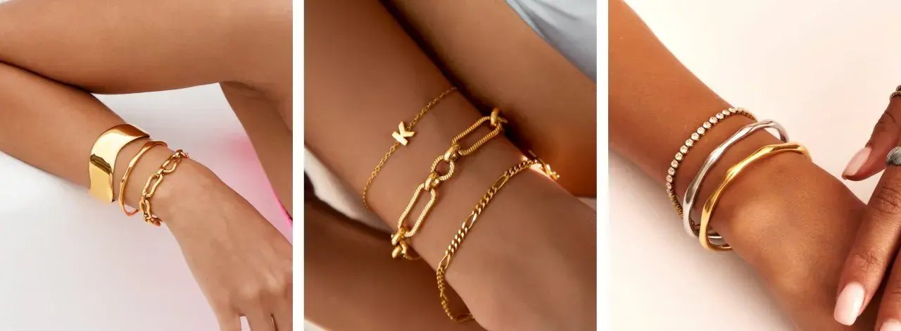 Showcasing the stacking bracelets trend with gold and silver bangles, chains, and a personalized initial charm.