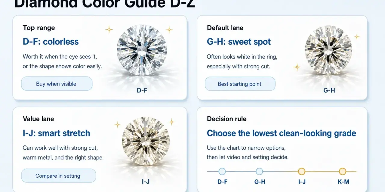 Diamond color scale guide showing D-F colorless, G-H sweet spot, and I-J smart stretch diamonds.