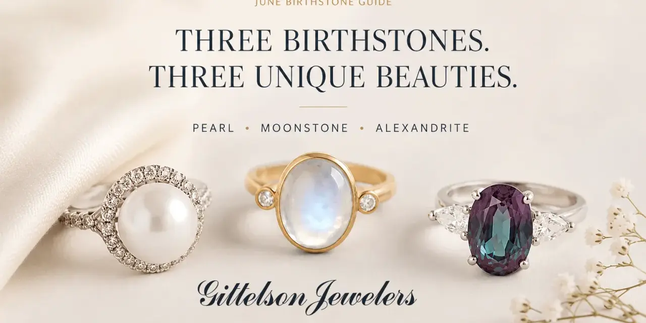 Three unique June birthstone rings: a pearl, moonstone, and alexandrite, showcased by Gittelson Jewelers.