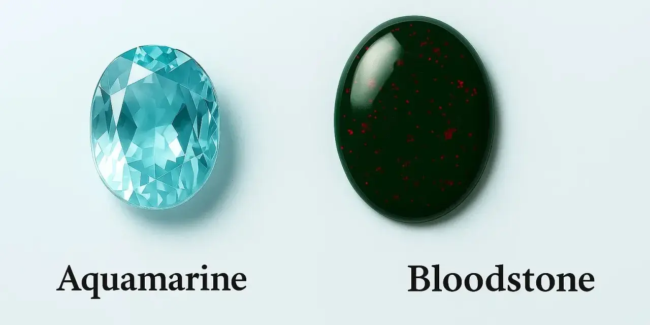 Aquamarine and Bloodstone, the march 6 birthstone options, are displayed side-by-side.
