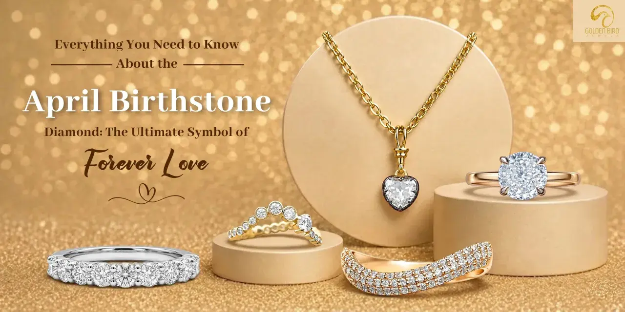 Diamond jewelry, the ultimate symbol of forever love, celebrates the April birthstone. A radiant diamond necklace and rings are showcased.