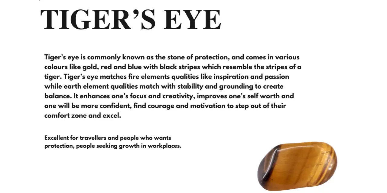 Tiger's eye stone, known for protection and inspiration. Its meaning includes grounding, confidence, and courage for growth.
