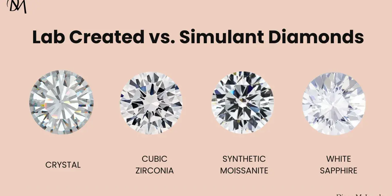 Four round gemstones: crystal, cubic zirconia, synthetic moissanite, and white sapphire, illustrating lab created vs. simulant diamonds.