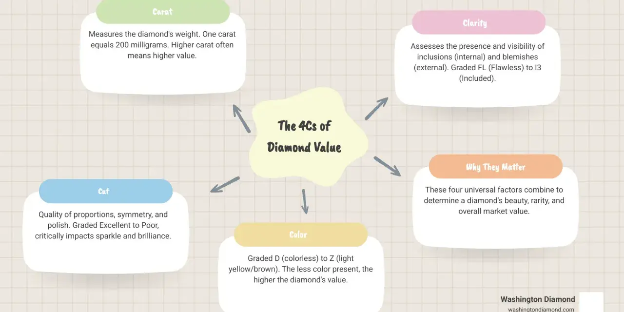 Infographic detailing the 4Cs of diamond value: Carat, Cut, Clarity, and Color, crucial for diamond appraisal.