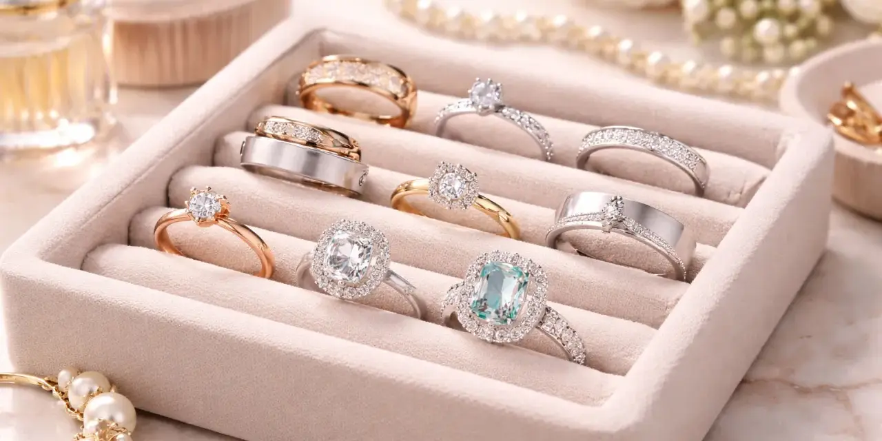 A velvet tray displays various styles of engagement rings, from classic solitaires to diamond-encrusted bands, in gold, silver, and rose gold.