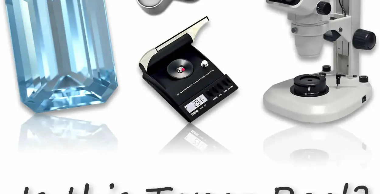 Tools for how to identify raw topaz: a large blue gemstone, a loupe, a scale, and a microscope.
