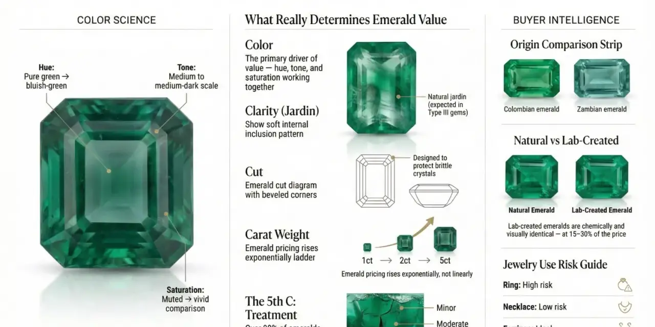 Emeralds, the May 4th birthstone, are explained by color, clarity, cut, carat, and treatment. Learn how to judge their value.
