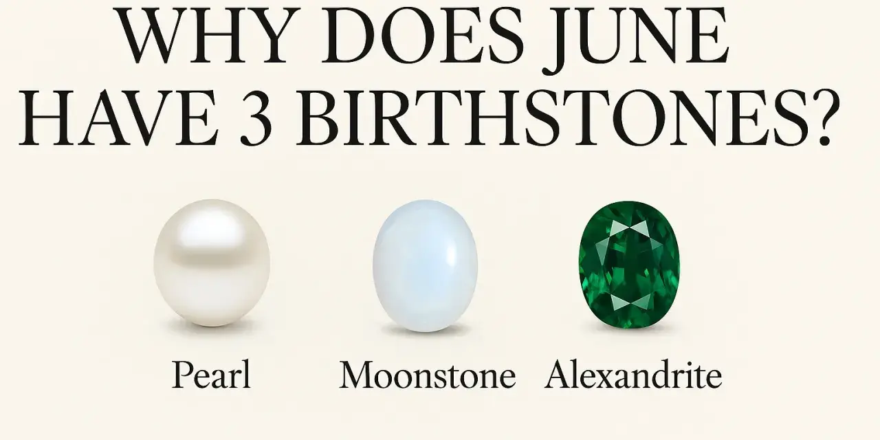 Three June 30th birthstones: a pearl, a moonstone, and an emerald-cut alexandrite.