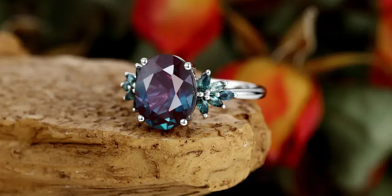 A stunning oval alexandrite stone ring, showcasing its color-changing magic. The alexandrite stone meaning is transformation and balance.
