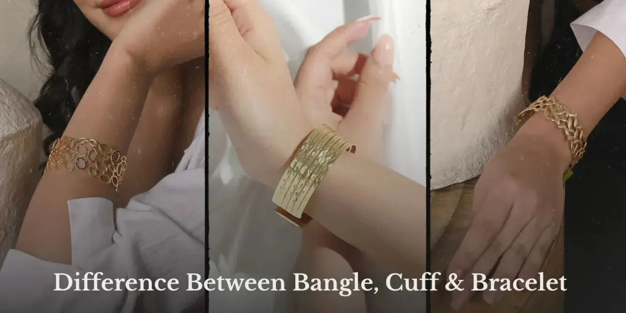 Three women's arms showcase different gold jewelry: a patterned bangle, a hammered cuff, and a delicate bracelet.