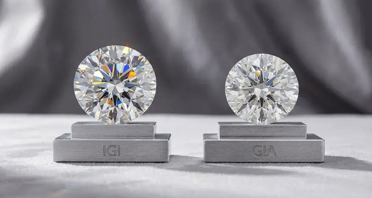 Two brilliant-cut diamonds, one labeled IGI and the other GIA, are displayed on pedestals. This highlights the difference between natural and simulated diamond grading.