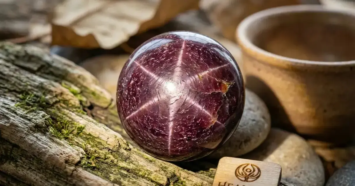 A star garnet from Idaho, a deep red sphere with a six-rayed star, rests on mossy wood.